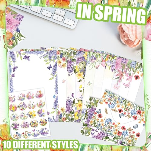160 Packs Stationery Paper and Envelopes Set 10 Different Designs, 50 One Sided Stationery Writing Papers with 50 Matching Envelopes and 60 Round Dot Sticker, 5.5 x 8.25 Inch (Spring) - style: spring