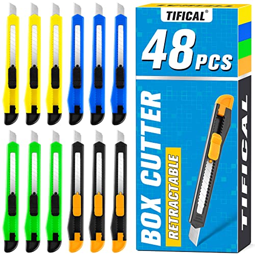 48 Pack Box Cutter Retractable, 9mm Utility Knife, Razor Knife - color: 48 Pack - Orange, Yellow, Blue, Green