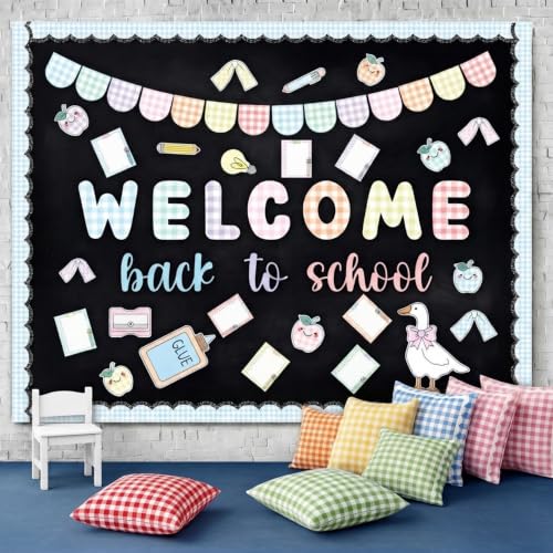 Mooliwe 94 Pcs Welcome Back to School Bulletin Board Set Stationery Apple Paper Cutouts for First Day of School Classroom Wall Door Decoration(Pastel Gingham) - style: Pastel Gingham