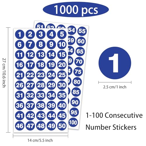 1 Inch Number Sticker, Waterproof Round Consecutive Number Stickers 1-100, Blue&White Small Number Sticker Vinyl Decals for Office, Classroom, Storage, Inventory, Indoor, Outdoor - color: Blue, size: 1 inch