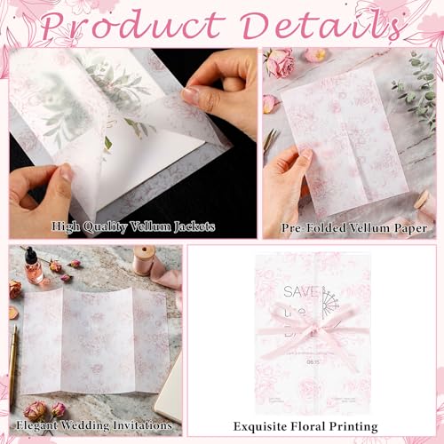 100 Pcs Pre Folded Floral Vellum Jackets for 5x7 Invitations, Wedding Translucent Vellum Paper with Ribbon, Envelope Liners for Wedding Bridal Baby Shower Birthday Mother Event(Pink) - color: Pink