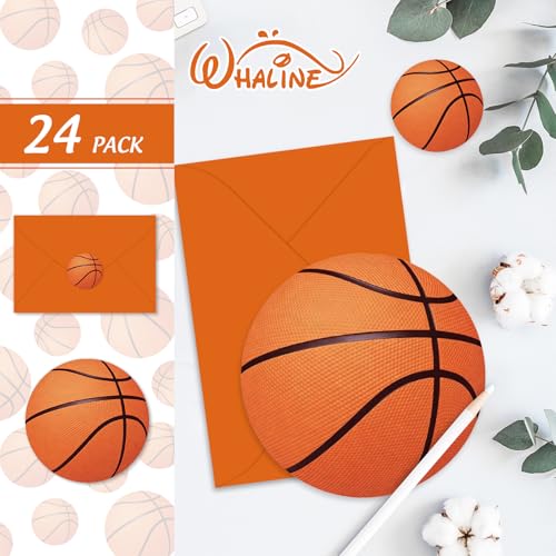 Whaline 24 Pack Basketball Greeting Cards Sports Ball Blank Note Cards with Envelopes Stickers for Sports Theme Game Day Birthday Party Supplies - style: Basketball