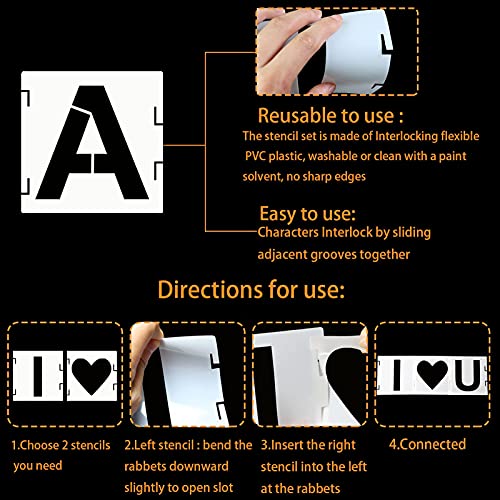 YEAJON 46 Pcs Letter Stencils Symbol Numbers Craft Stencils, Reusable Alphabet Templates Interlocking Stencil Kit for Painting on Wood, Wall, Fabric, Rock, Chalkboard, Sign, DIY Art Projects (3 Inch) - size: 3 INCH