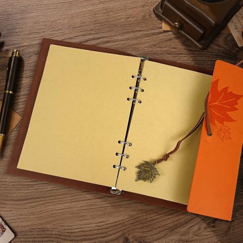 Journal Notebook for Women Men, Orange Leather Sketchbook Classic Spiral Bound Notebook with Unlined Kraft Paper Refillable Diary Travel Journals for Writing Ideal Gifts(Leaves,A5/Orange) - color: Orange
