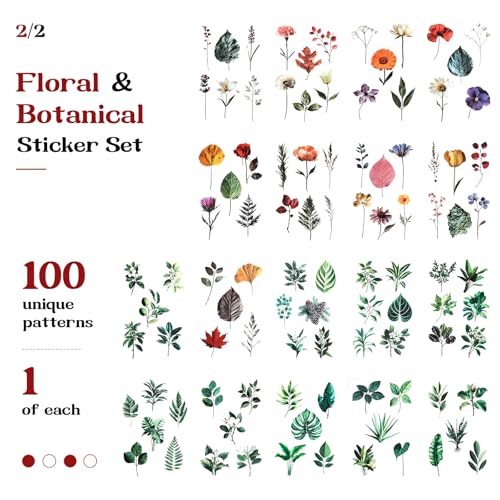 Dizdkizd 200-Piece Vintage Floral Greenery Bird Sticker for Scrapbooking, Journaling, Crafts, Seasonal Nature Scrapbook Sticker Pack, Transparent and Waterproof, PET Film Material