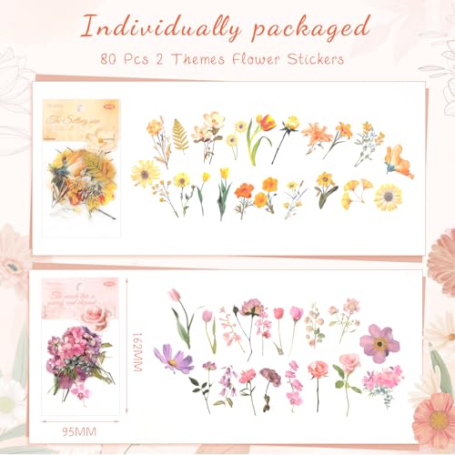 80-Piece Floral Scrapbooking Stickers, Self-Adhesive for Journals - style: Multicolored