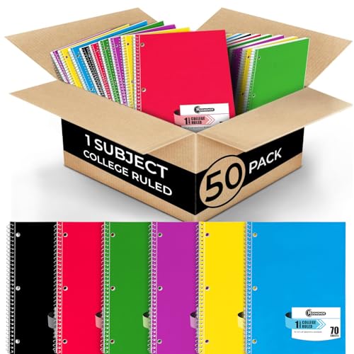 Rosmonde 1 Subject Spiral Notebook Bulk, 50 Pack, College Ruled, 70 Sheets | 1 Subject Notebook Bulk, Thick Paper, 140 Pages, 8 x 10-1/2", 3 Hole Punched, Bulk College Ruled Notebook for School & Office - size: 50 Bulk Value Pack, style: 1 Subject - Soft