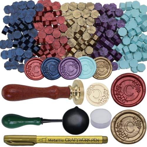 Initial Alphabet D Wax Seal Stamp Set, Retro Letter Sealing Stamp with 150Pcs Sealing Wax Beads in 5 Color, Melt Non Slip Spoon Pen Kit for Wedding and Christmas (D) - style: D