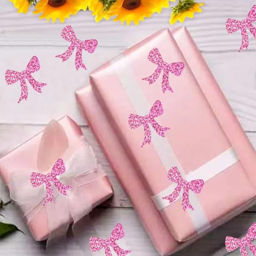 500Pcs Pink Bow Stickers Roll 1.2in Large Glitter Vinyl Stickers Sparkly Pink Bow Label Tag Self-Adhesive Classroom Reward Waterproof Decals for Bottle Birthday Party Envelopes Decorations - color: Pink Bow
