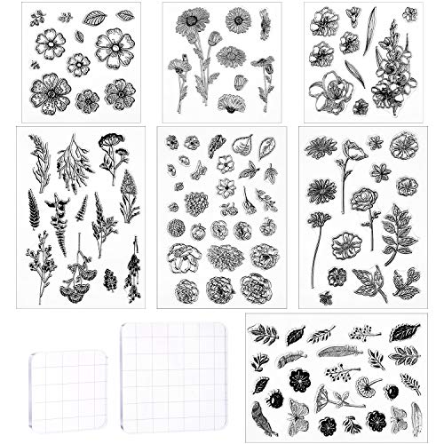 Outus 9 Pcs Flower Clear Stamps Set with 2 Acrylic Blocks, Transparent