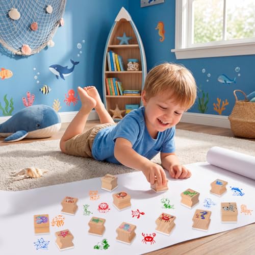 HOWAF 12Pcs Animal Wooden Rubber Stamps, Jungle & Sea Animal Stamps for Kids, Washable Ink Pad Stamp Set for Summer Camp Crafts, DIY Scrapbooking, Card Making, Preschool Art Activities