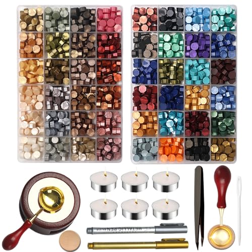 Wax Seal Beads Kit 48 Colors Metallic Gold & Deep Series 1200 Sealing Beads with Wax Seal Warmer, Spoon & Holder, Stirring for Wedding Invitation Letter Envelopes Wine Bottle Sealing Decor - color: Gold & Deep