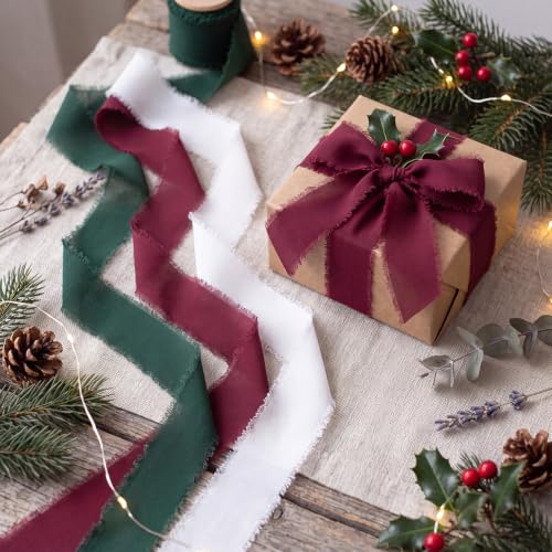 1" x 27 Yd Chiffon Silk Ribbon Set - 3 Rolls Handmade Fringe Chiffon Ribbon - color: Red, Green, White