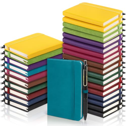 Aodaer 50 Sets Pocket Notebook Journal with Pens 160 Pages 3.5 x 5.5 Inch Mini Lined Journal Notebook A6 Leather Hardcover College Ruled Notepad with Pen Holder for School Office Gifts, Rainbow Colors - color: Mixed Colors