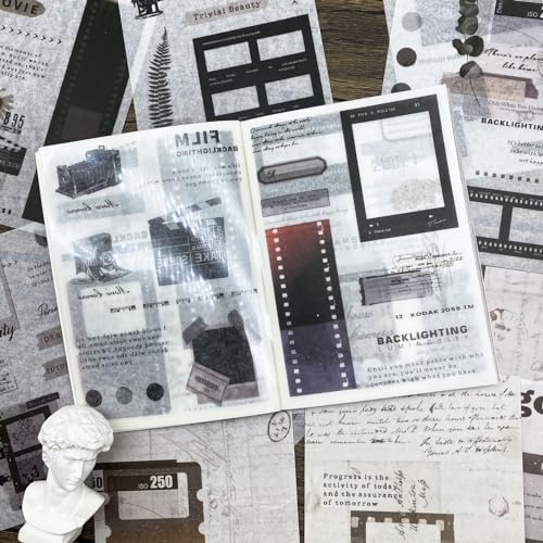 Vintage Washi Stickers Book for Journaling, 180pcs Aesthetic Film Journal Stickers and 20 Sheets Adhesive Scrapbook Papers for Junk Journal Supplies Ephemera Sticker Book for Adults DIY Art Crafts - color: Film