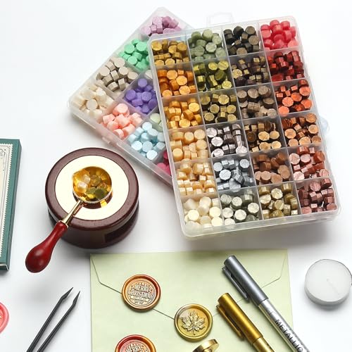 Wax Seal Beads Kit 48 Colors Metallic Gold & Light Color Series 1200 Sealing Beads with Wax Seal Warmer, Spoon & Holder, Stirring for Wedding Invitation Letter Envelopes Wine Bottle Sealing Decor - color: Gold & Light