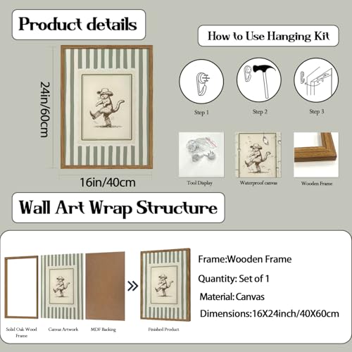 Funny Western Cowboy Cat Wall Art Cute Cat in Boots Decor Painting Vintage Southwest Sage Green Striped Animal Cowboy Poster Canvas Print for Living Room Bedroom 16x24 inch Wood Framed - color: Cowboy Cat B, size: 24"L x 16"W