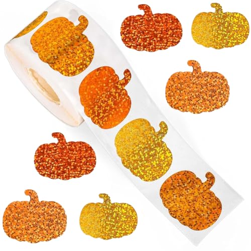 500Pcs Halloween Fall Thanksgiving Pumpkin Stickers Roll 1in Glitter Pumpkin Paper Decal 3 Orange Sparkly Sparkly Autumn Self-Adhesive Decorative Stickers for Party Supplies Envelope Journal Decor - color: Glitter Pumpkin