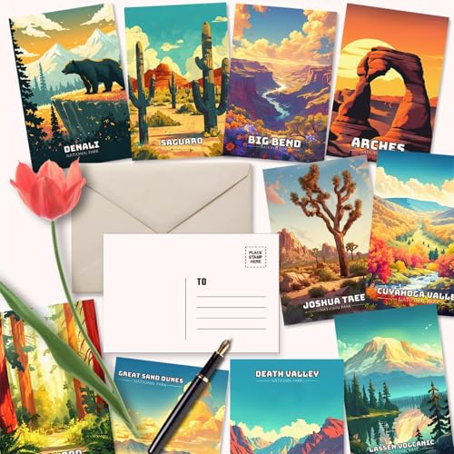 LCLAIDYDY 63 National Parks Postcard Set,Vintage Travel Posters Illustrations Postcards,U.S. National Parks Post Cards for Kids Students Teachers Mailing 4x6