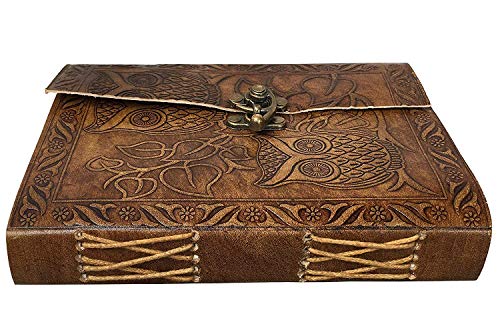 CREATIVE LEATHER ART Vintage Owl Leather Journal 8x6 Lock Notebook - color: Vintage Brown, size: 8 x 6 Inch