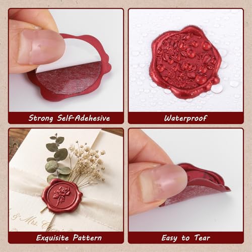 60 Pcs Wax Seal Stickers for Envelopes, Red Rose, 4 Flower Styles - color: Red