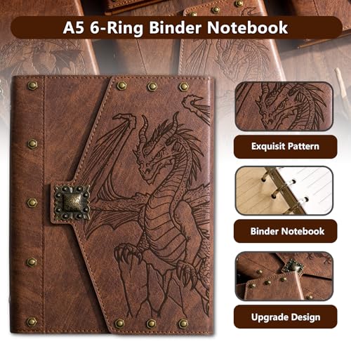 DUROTAN DND Journal Dragon Notebook A5 Binder Unique 400 Page D&D Gifts | for Dungeons And Dragons Accessories - Vintage Leather Suitable for Women & Men writing,Poets,Travelers,as a Diary Dnd Gift - color: s02-Brown-Dragon