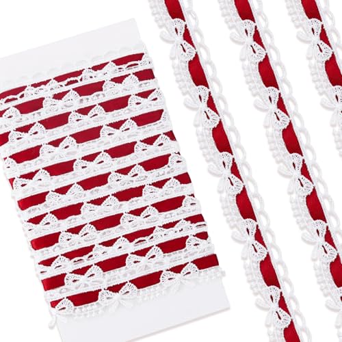 2 Yards Bow Lace Trim Ribbon, Vintage Lace Ribbon Roll for Bridal, Bow Trim Sewing Accessories for Bouquet Packaging Wrapping Wedding Decorations DIY Crafts- Red - color: Red-A style