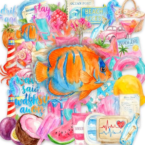 50Pcs Transparent Watercolor Beach Stickers Pack, Waterproof PET Summer Ocean Decals for Water Bottle Laptop Suitcase Skateboard Scrapbook Journal, Colorful DIY Craft Gifts for Kids Teens Girls - color: Transparent Watercolor Beach-4