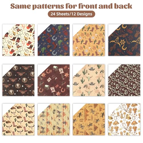 24 Sheets Western Cowboy Scrapbook Paper, 11.8x11.8 Inch Double-Sided Print West Desert Cactus Rodeo Boots Decorative Craft Paper, Scrapbook Specialty Papers for Card Making Photo Album Decor - color: WW087NHXBNZ