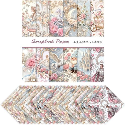 24 Sheets 11.8 x 11.8 Inch Fantasy Princess Scrapbook Paper, Double Sided Decorative Craft Paper for Junk Journals, DIY Card Making, Photo Album, Gift Wrapping & Invitations - color: White Princess