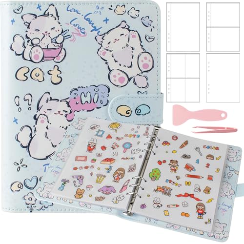 Reusable Sticker Book Collecting,A5 Binder Album Storage Organizer with Blank Release Paper and Pocket for Adult Kids,Cartoon Leather Binder Cover & Magnetic Buckle Closure(Blue) - color: Blue
