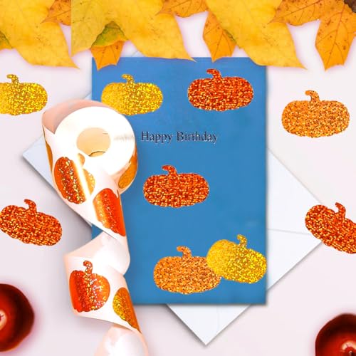 500Pcs Halloween Fall Thanksgiving Pumpkin Stickers Roll 1in Glitter Pumpkin Paper Decal 3 Orange Sparkly Sparkly Autumn Self-Adhesive Decorative Stickers for Party Supplies Envelope Journal Decor - color: Glitter Pumpkin