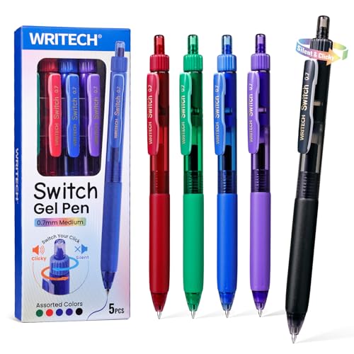 WRITECH Colored Gel Pens 0.7mm: Switch Silent Click Mode for Quiet or Click Feedback Smooth Writing Quick Dry Ink Medium Point for Note Taking Color Coding Journaling School Office Study - color: 5 Pcs Multicolor-07