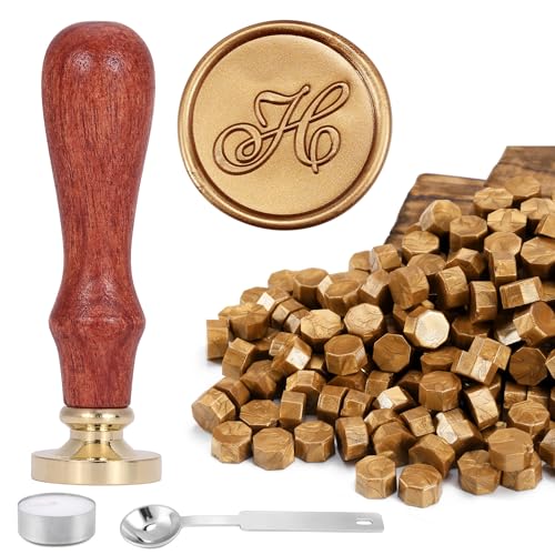 Yoption Handwriting Letter H Wax Seal Stamp Kit with Antique Gold Wax Beads - color: H