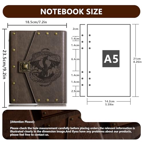 DUROTAN DND Journal D&D Notebook accessories for A5 Refillable Binder | for Dungeons and Dragons / d and d Character Accessory for players Gift for DM's & Players,Men or Women - color: s03-Khaki-Retro Dragon