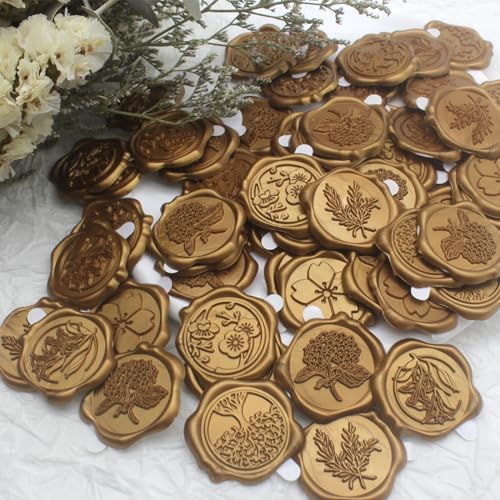 60pcs Eucalyptus Wax Seal Stickers, Andotopee Botanical Envelope Seal Stickers, Self-Adhesive Antique Gold Wedding Invitation Stickers, Real Sealing Wax Pre-Made, Great for Letter Seal, Gift Wrapping - color: Antique Gold