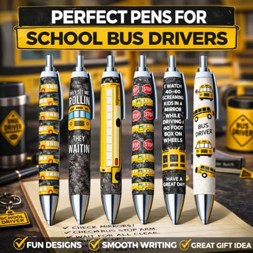 6PC School Bus Driver Appreciation Pens Thank You Gifts Retirement Party Favor Supplies Birthday End of Year Staff Ideas Transportation Employee Token Novelty Ballpoint Writing Set Accessories - style: Bus Driver