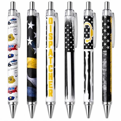 6PC 911 Dispatcher Pens Thin Gold Line Yellow Ballpoint Pen Black Ink First Responder Telecommunication Call Coworker Appreciation Week Gifts Accessories Supplies Office Decor Desk Decoration - style: Dispatcher
