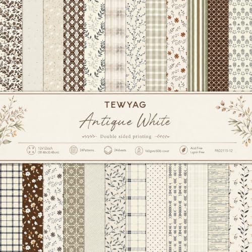 12x12 Scrapbook Paper & Scrapbooking Supplies, Vintage Artisan Double-Sided Patterned Cardstock Pad, Decorative Craft Sheets for Junk Journal & Photo Album, 24 Sheets (Antique White) - color: Antique White