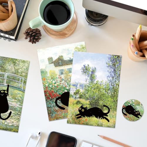 AnyDesign 24 Pcs Monet Black Cat Painting Greeting Cards Blank Note Cards 6 Style Famous Oil Painting Blank Note Card with Envelope Stickers for Spring Birthday Party Invitations, 4 x 6 Inch