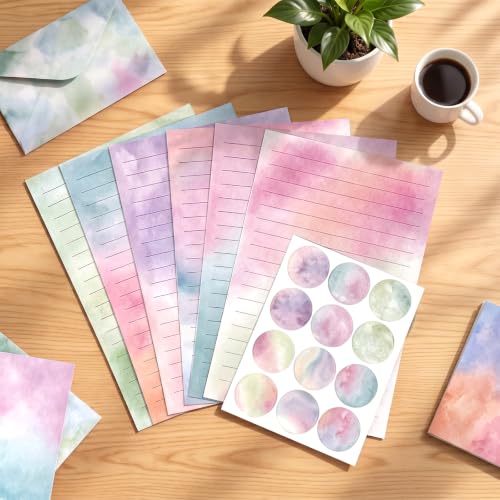 50 Pcs Stationery Paper Envelopes Set (6Style) | Includes 24 Lined Writing Paper & 24 Envelopes with 24 Stickers, Cute Watercolor Letter Writing Stationery Paper Envelopes - color: Watercolor