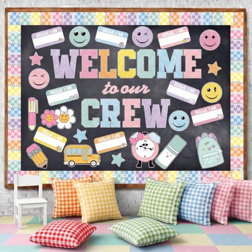 Mooliwe 94 Pcs Welcome to Our Crew Bulletin Board Set Retro Flowers Smile Face Stationery Paper Cutouts for First Day of School Classroom Wall Door Decoration(Pastel Checkered) - style: Pastel Checkered