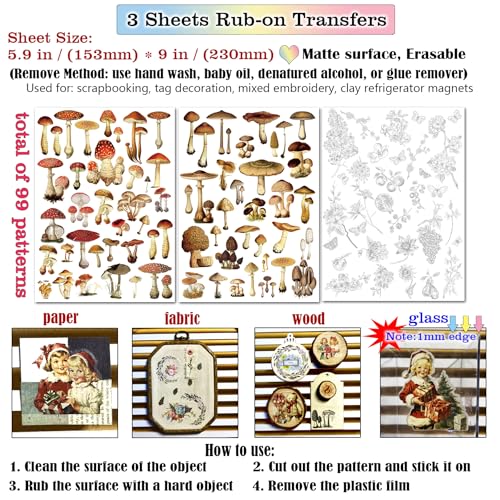 CATaireen Rub on Transfers for Crafts Vintage Scrapbooking Stickers Small Decals Adults Journaling DIY Supplies Use for Fabric Paper Wood Stone Canvas Acrylic Cloth (Mushroom) - style: Mushroom