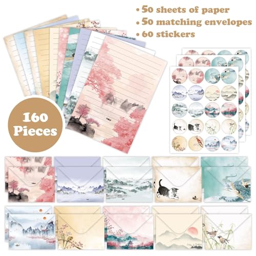 160 Pcs Stationery Paper Envelopes Set | Includes 50 Writing Paper & 50 Envelopes 60 Stickers, Ink Painting Letter Writing and Stationery Paper Envelopes(10Style) - color: Ink Painting