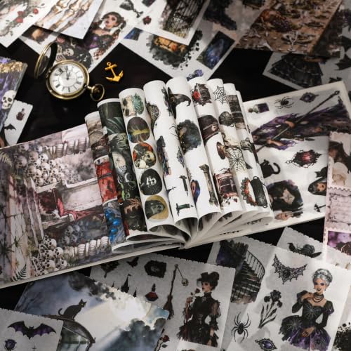 Dark Aesthetic Gothic Stickers, 500+ Pre-Cut Washi Stickers 20 Scrapbook Papers Horror Decals for Junk Journal Supplies, Vintage Rose Washi Sticker Book for Adults Planner Laptop Collage Journaling - color: Gothic Diary