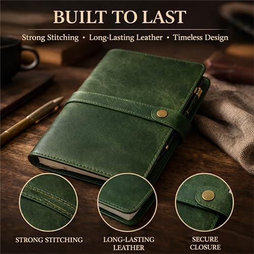 TheAntiq Genuine Leather A5 Journal Cover with Snap Closure – Handmade Refillable Notebook with Card Slots, Pen Holder, Travel Writing Diary for Office & Gift Use 5.75 x 8.25 (Green) - color: Green Leather Journal Cover