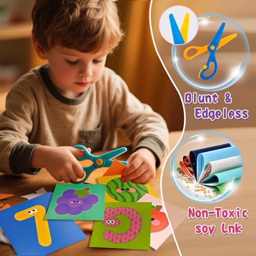 Scissor Skills Activity Book Craft Scissors Set includes Safety Scissor & 80 Colored Cardstock Paper Templates, Safety Scissors for Kids, Colored Cardstock Paper - color: Letter & Animal