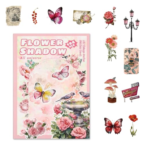 Vintage Scrapbook Stickers, 20 Sheet Vintage Flower Sticker for Scrapbooking, journaling DIY Crafts Laptops，Card Making, Ephemera Pre Cut (Pink Flower Shadow) - style: Pink Flower Shadow