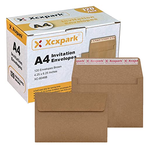 Xxcxpark 120 Qty Printable A4 Invitation Envelopes 4.25 x 6.25 Cards, Self Seal 120GSM Brown Paper Envelopes for Invitations, Papers, Photos, Documents, Wedding, Baby Shower, Easy to Seal and Peel - color: Brown, size: 120 Qty A4 Envelopes (4.25" x 6.25")
