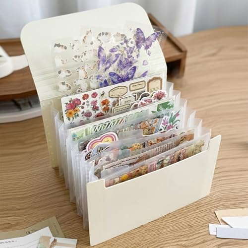 Sticker Storage Organizer with 7 Expandable Pockets, A6 Multi-Layer Desktop Sticker Binder for Scrapbook Essentials and Journal Organizer, Large Capacity for Thick Sticker Album, Washi Tape(Cream) - color: cream